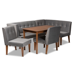 Baxton Studio Stewart Mid-Century Modern Grey Velvet Upholstered and Walnut Brown Finished Wood 5-Piece Dining Set